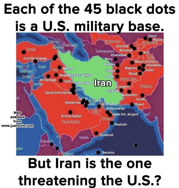 Map of Iran surrounded by US bases